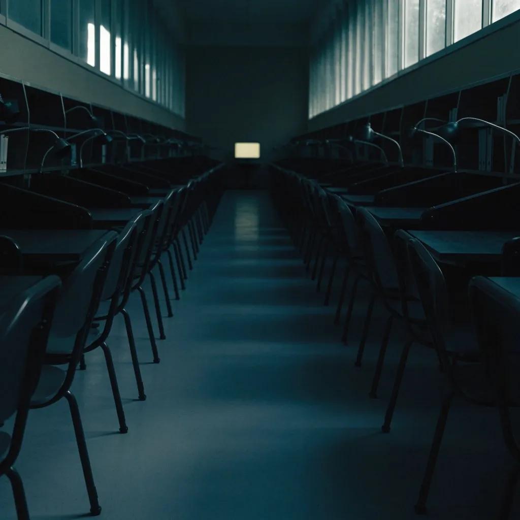 A quiet corridor of study carrels lit by cold daylight from clerestory windows