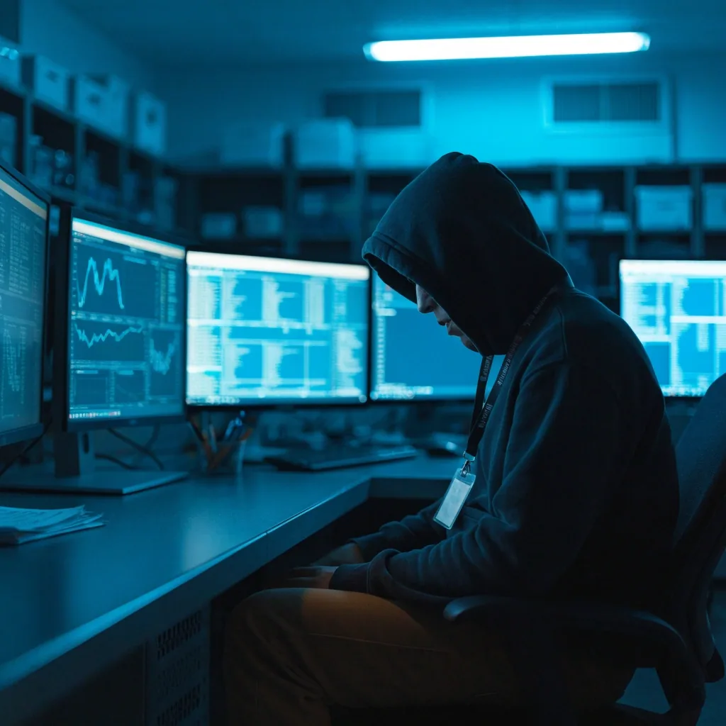 A quiet security operations workspace in cool daylight, monitors glowing out of focus above a matte desk
