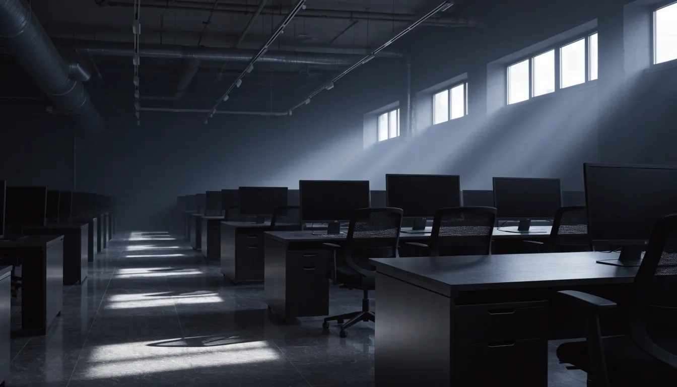 An empty training room at early morning with desks, dark monitors, and cool daylight across the floor