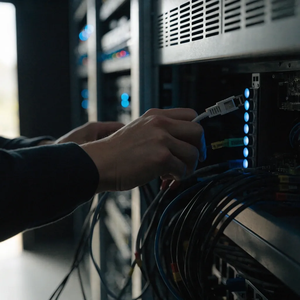 A dim server room with an open equipment rack, bundled cabling and cool status lights out of focus