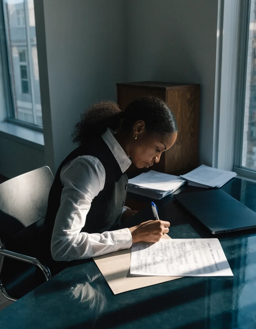 Curriculum lead annotating a printed module outline alone at a desk in a quiet studio office