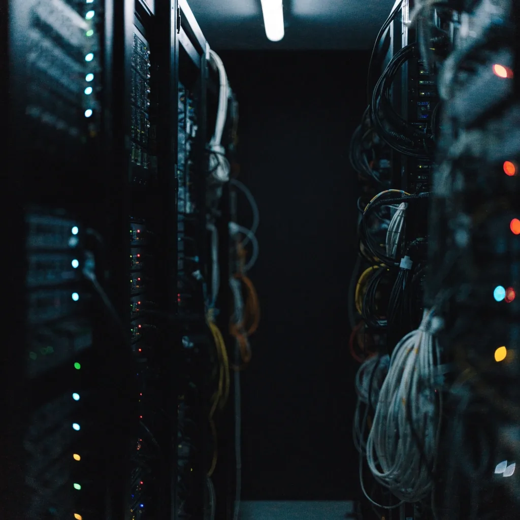 A dim server room aisle with a rack of network equipment, coiled cabling and soft out-of-focus status lights