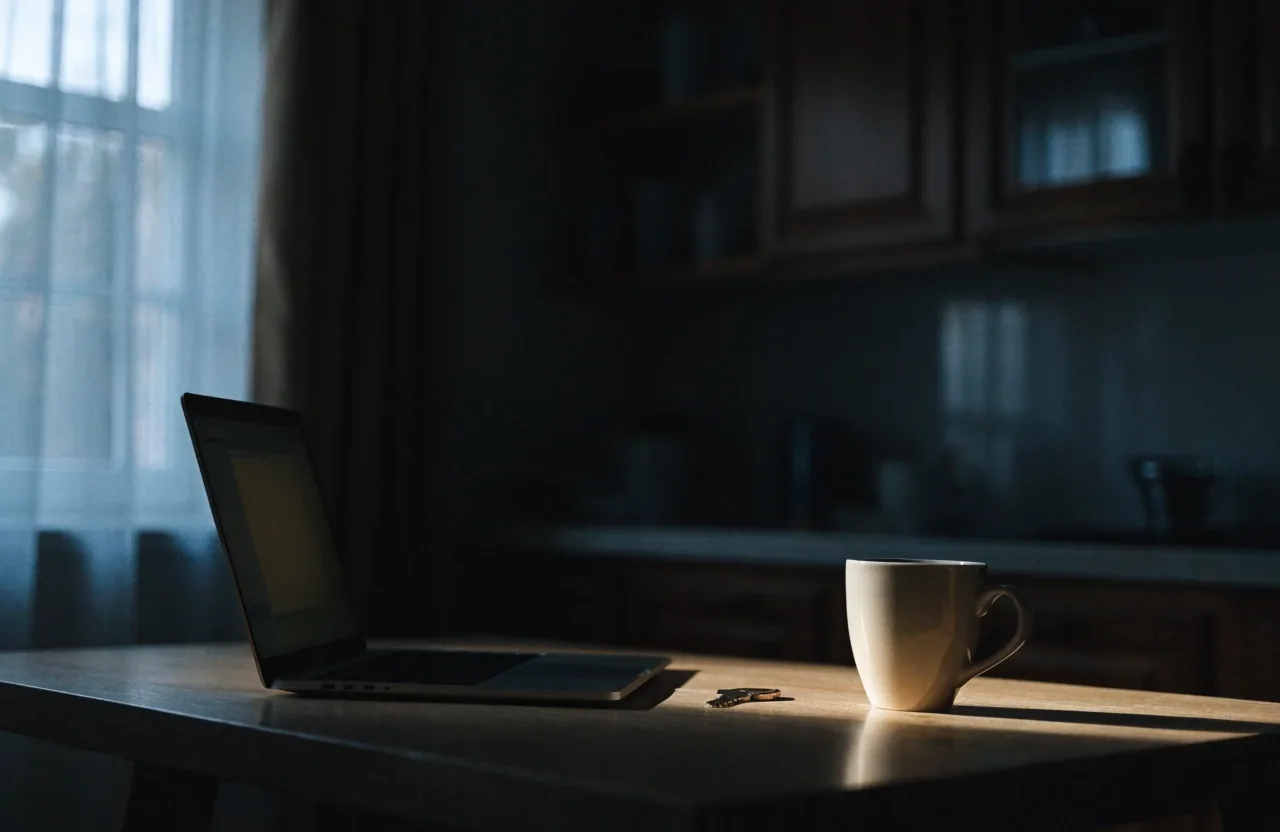 A laptop open on a kitchen table in the early morning beside a mug and a set of keys